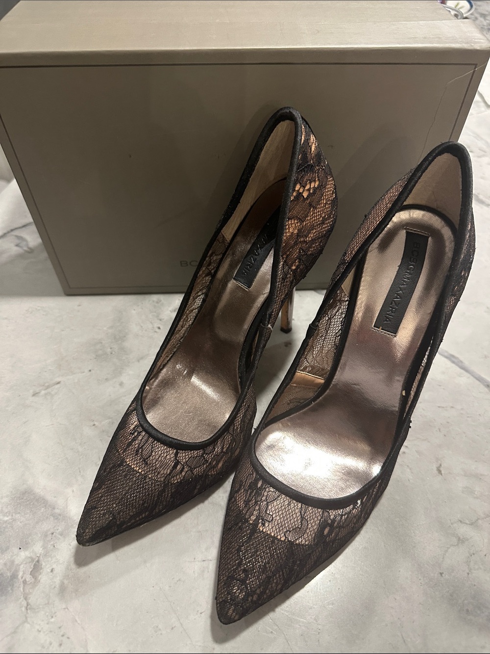 BCBGMaxAzria Black Lace Pointed Pumps with Nude Underlay